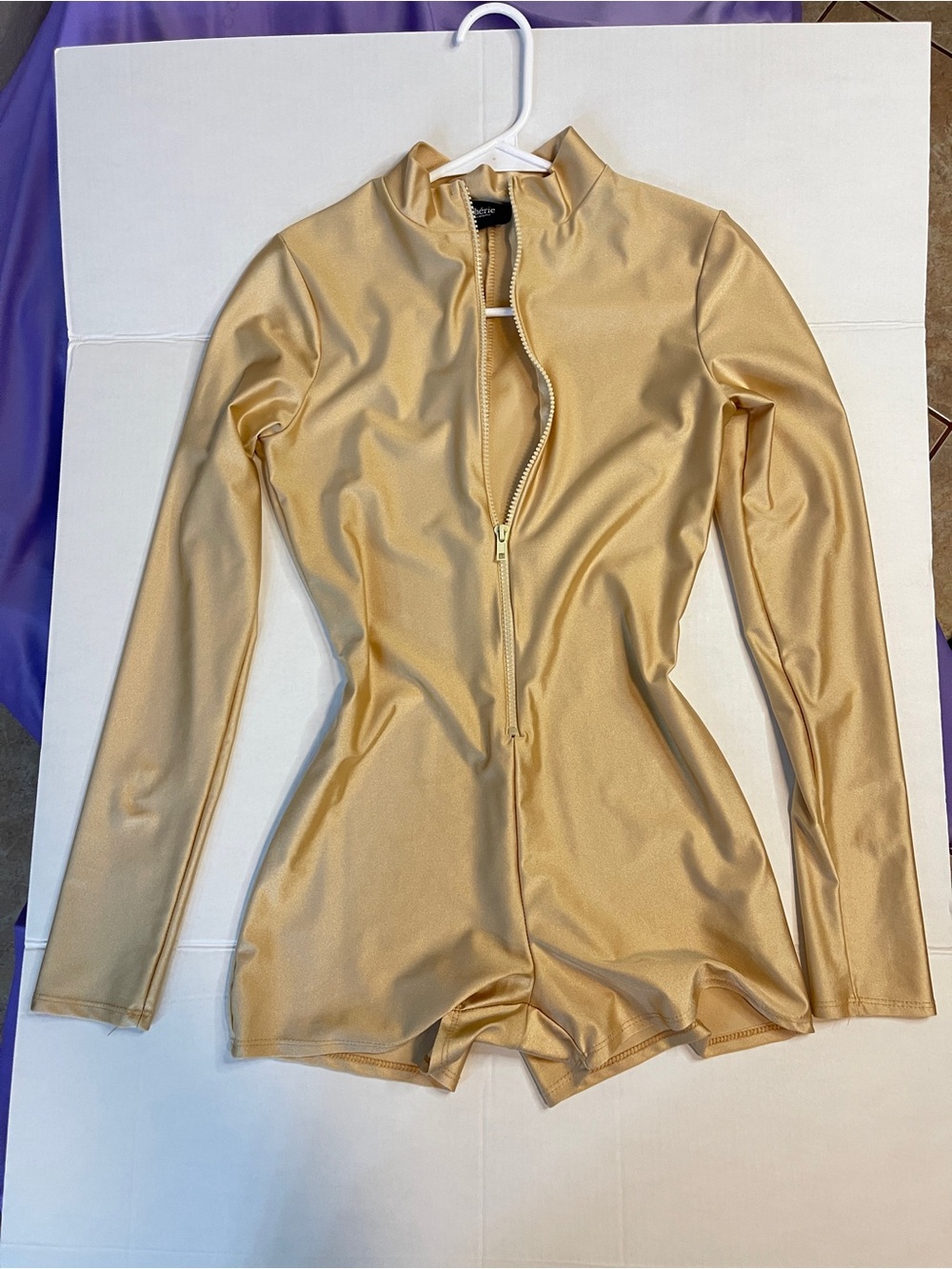 Gold Long-Sleeve Zip-Front Bodysuit Romper